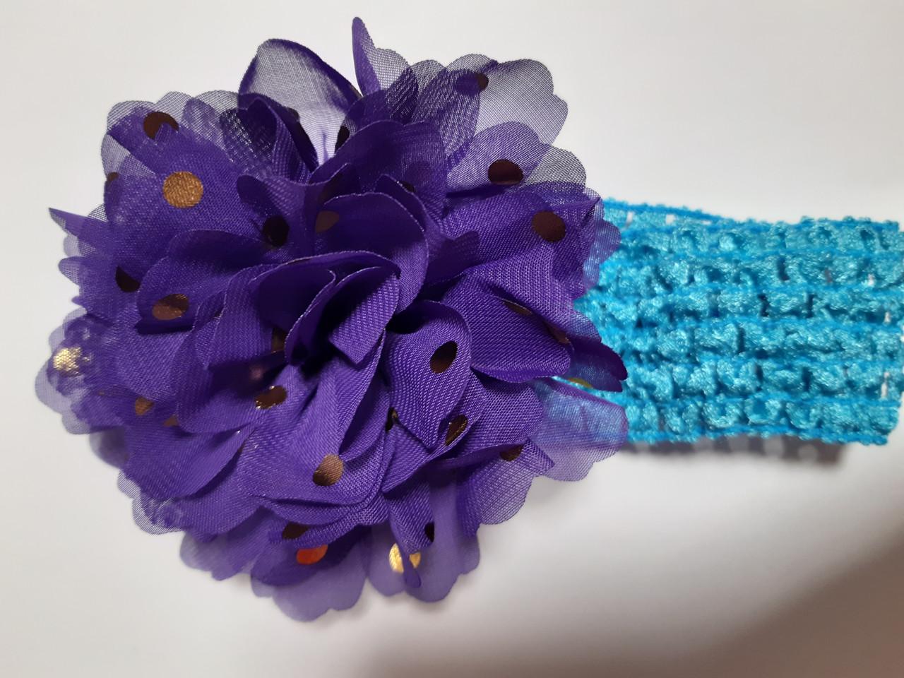 Дитяча пов'язка на голову блакитна + фіолетова - окружність голови близько 40-52см, діаметр квітки 9см, фото 1