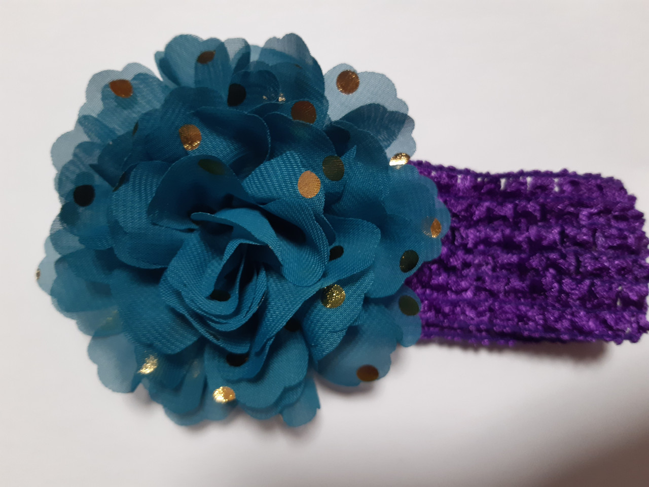 Дитяча пов'язка на голову зелена + фіолетова - окружність голови близько 40-52см, діаметр квітки 9см, фото 1