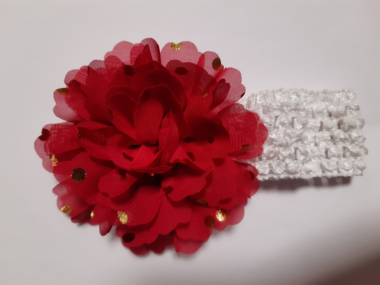 Дитяча пов'язка на голову бордова + біла - окружність голови близько 40-52см, діаметр квітки 9см, фото 1