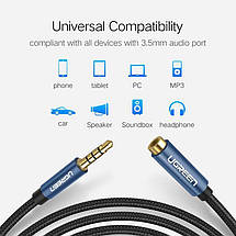AUX 3.5 mm подовжувач Ugreen AV118 аудіо кабель (Чорний з синім, 4-pin, 2м), фото 3