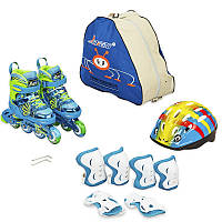 Роликові ковзани, захист, шолом, сумка JINGFENG синій 189, 31-34