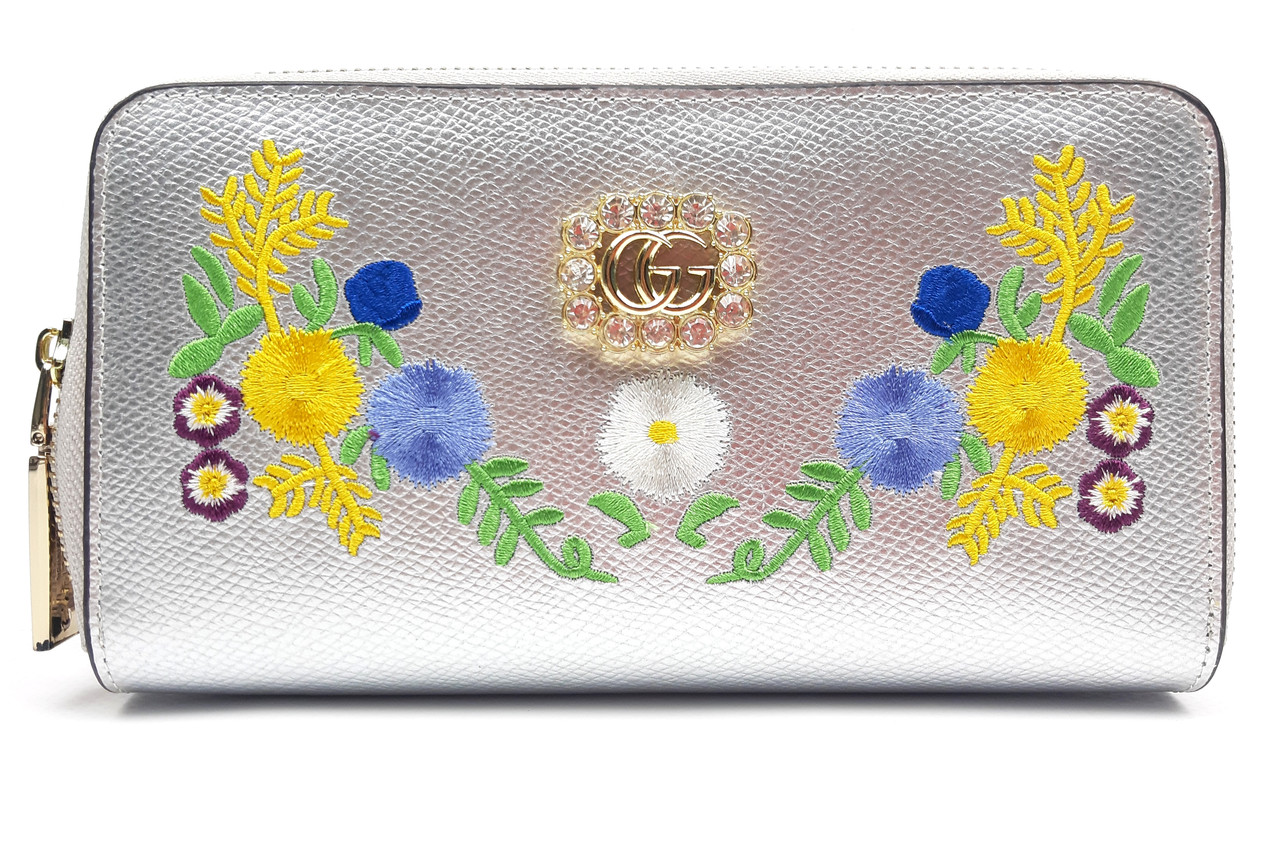 Жіночий гаманець - клатч із натуральної шкіри 19.5 х 3.5 х 11 см на дві блискавки Срібний