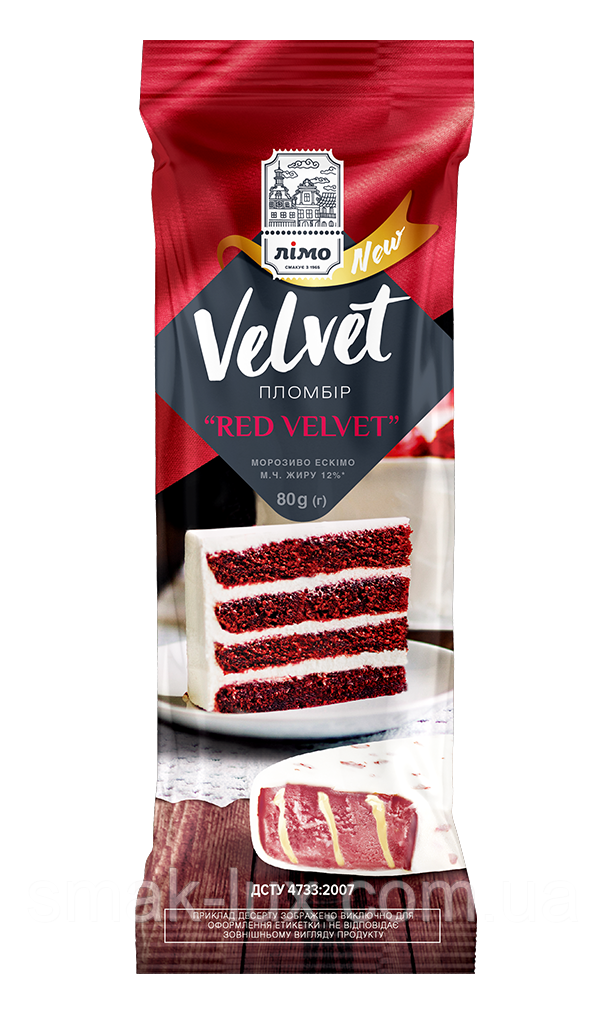 Ескімо сорбет "VELVET" «RED VELVET» з наповнювачем «Заварний крем» в кондитерській молочній білій глазурі 80г
