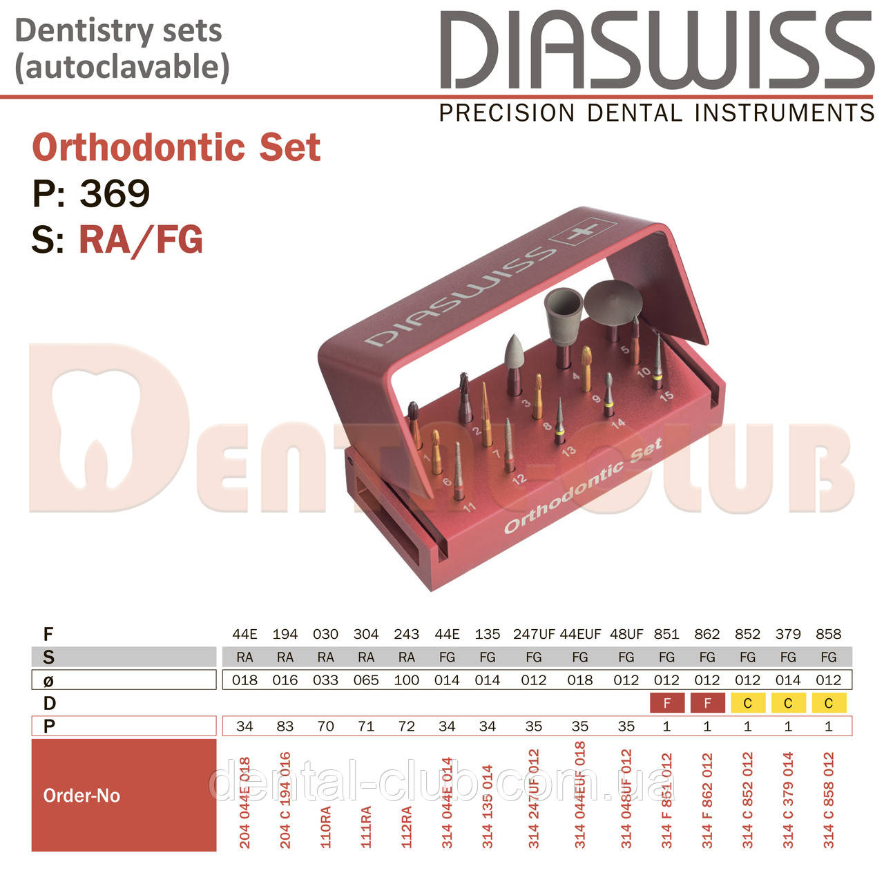 Diaswiss Orthodontic set # 369 - Ортодонтичний набір борів та полірів (15 шт) (Діасвіс Швейцарія), фото 1