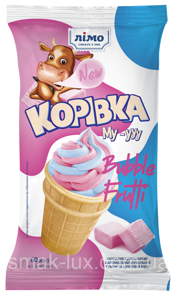 Морозиво «КОРІВКА МУ-УУУ Bubble Frutti» з ароматами жувальної гумки та цукрової вати 60г 30шт