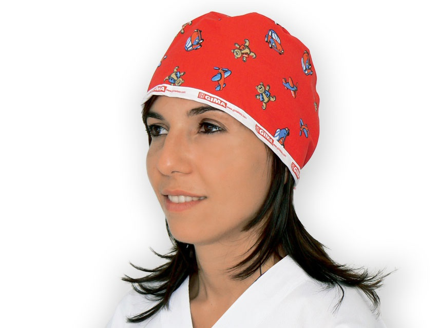Шапочка медична хірургічна бавовняна унісекс із принтом на зав'язках червона Gima, Італія