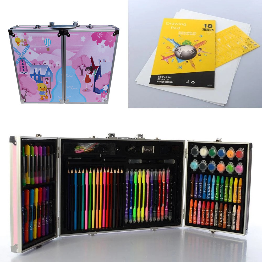 Дитячий набір для творчого розвитку у валізі, олівці, акварельні фарби, фломастери,рожевий