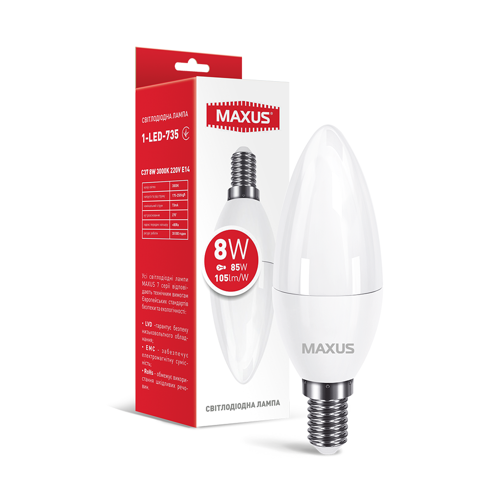 Лампа світлодіодна C37 8 W 3000 K 220 V E14 1-LED-735