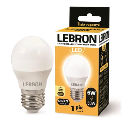 LED лампа Lebron L-G45, 6W, Е27, 3000K, 480Lm, кут 220 °