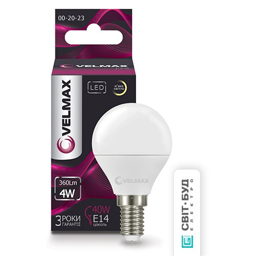 LED лампа Velmax V-G45, 4W, E14, 3000K, 360Lm, кут 220 °