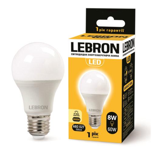 Світлодіодна лампа груша Lebron L-A60, 8W, E27, 3000K, 700Lm, кут 240°