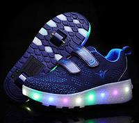 Кроссовки на колесиках, роликовые кроссовки LED, кроссовки с роликом, кросівки роликові на колесах темно-синие 36(23см)