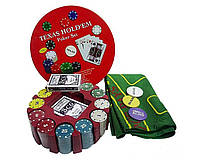 Покерный набор на 240 фишек с номиналом в круглой металлической коробке Техасский холдем (25 x 25 x 9 см) 240T