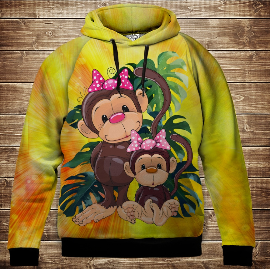 Толстівка з 3D принтом: Веселі мавпочки Жовтий 1. Дитячі і дорослі розміри. ВСІ Розміри, фото 1