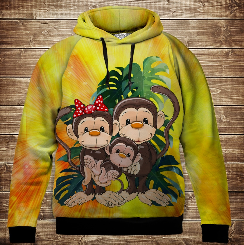 Толстівка з 3D принтом: Веселі мавпочки Жовтий 2. Дитячі і дорослі розміри. ВСІ Розміри, фото 1