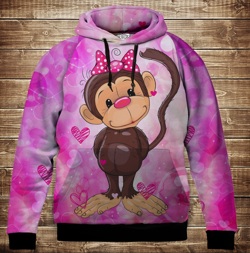 Толстівка з 3D принтом: Веселые обезьянки Розовый 2. Дитячі і дорослі розміри. ВСІ Розміри, фото 1