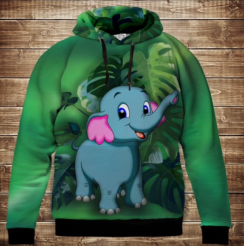 Толстівка з 3D принтом: Слоник і Монстера. Дитячі і дорослі розміри. ВСІ Розміри, фото 1