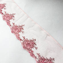Ажурне мереживо, вишивка на сітці: рожева, коричнева нитка по рожевій сітці, ширина 12 см