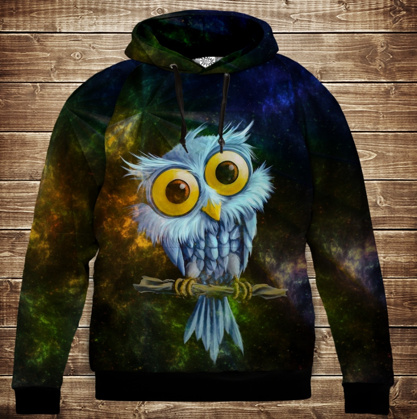Толстівка з 3D принтом: Сови. Космічний пугач. Дитячі і дорослі розміри. ВСІ Розміри, фото 1