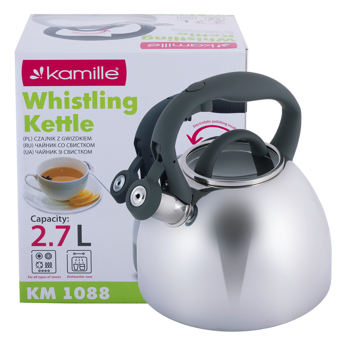 Чайник Kamille 2.7л з нержавіючої сталі зі свистком та бакелітовою ручкою Kamille0-1088