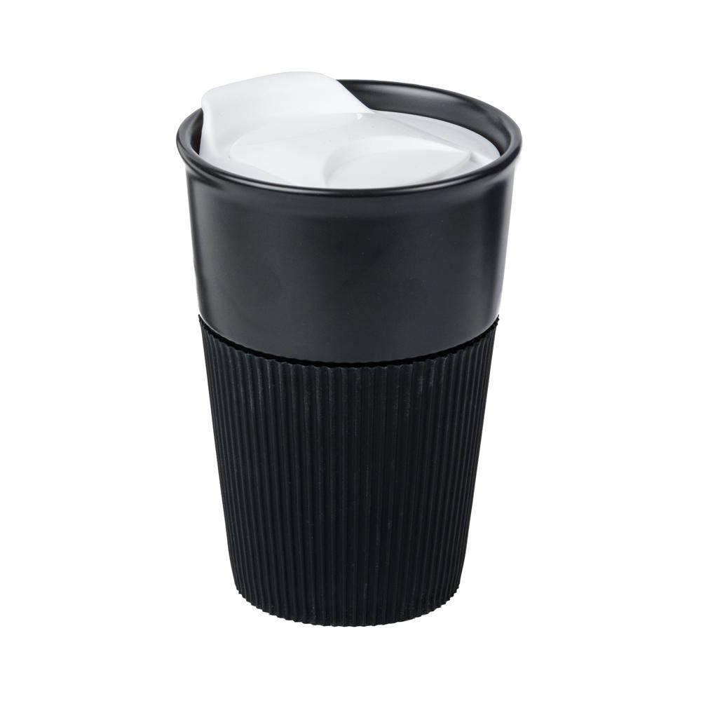 Кружка керамічна з силіконовою манжетою та кришкою поїлкою Viola Matte Black 350 мл для друку логотипу Біла