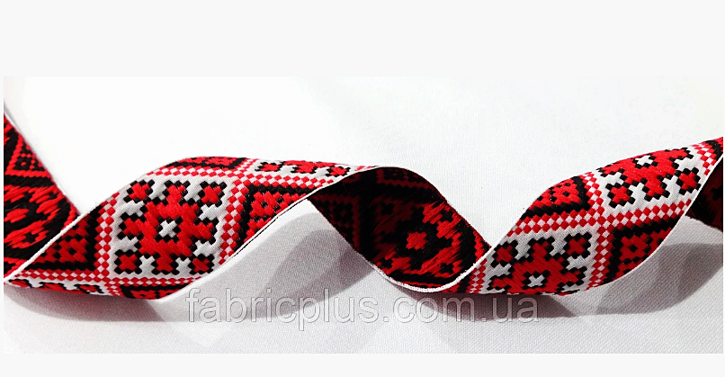 Стрічка з українським орнаментом 30 мм червона з білим, фото 1