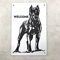 Металева вхідна табличка Welcome великий бійцівський собака 20х30 см зоомт0420х30а