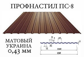 ОПТ — Профнастил для забору ПС-8 (Україна), мат, 0,43 мм (RAL 3005,6005,6020,7024,8017,8019)