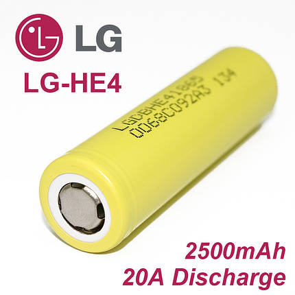 Акумулятор 18650 Li-Ion LG ICR18650HE4 (LG HE4), 2500 mAh, 20A, 4.2/3.6/2.5V, жовті, фото 1