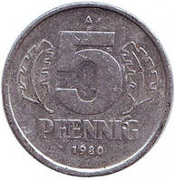 Монета 5 пфеннигов. 1948-89 год (A), ГДР. (Г)