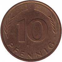 Дубовые листья. Монета 10 пфеннигов. 1948-89 год (J), ФРГ..(Г)