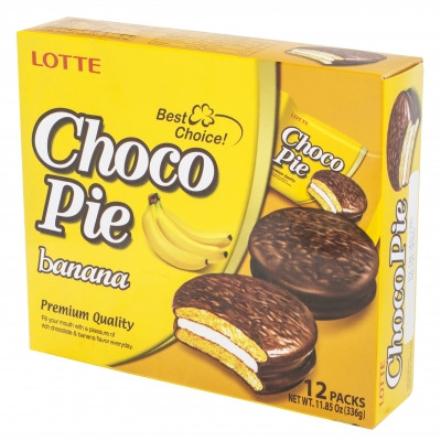 Печенье (Пирожное) шоколадное Choco Pie LOTTE Чоко пай Банан (12шт) 336г Ю.Корея - фото 1 - id-p1391660780