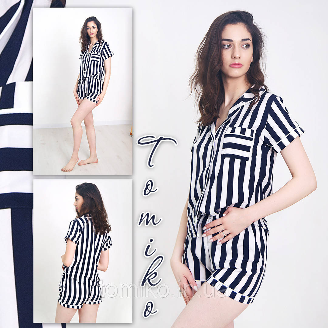Піжама шовкова для дівчини сорочка з шортами смугаста, фото 1