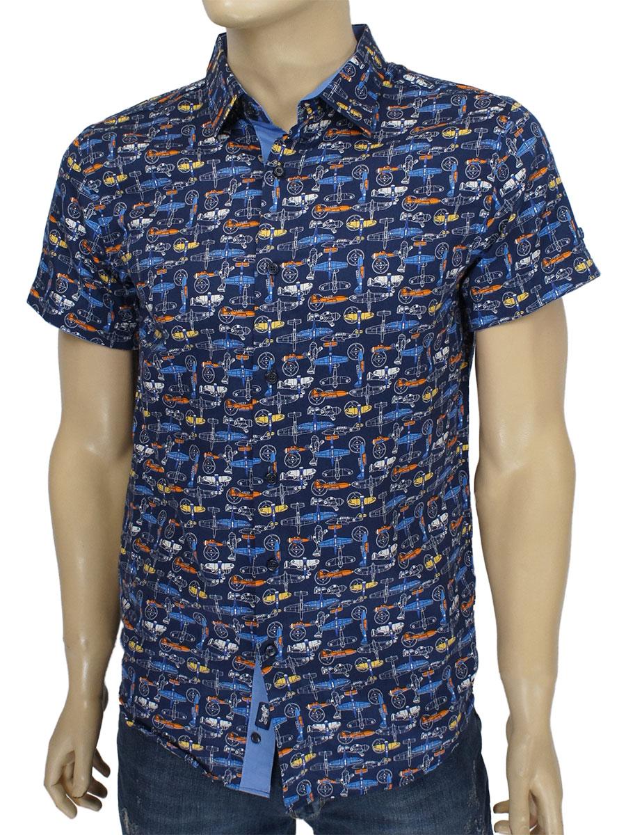 Чоловіча сорочка в синьому кольорі з принтом Еnisse 1342 NK 02 короткий рукав, фото 1