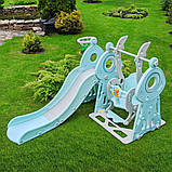 Гірка з гойдалкою Bambi WM19011-5 та баскетбольним кільцем | Гірка з гойдалкою Ведмедик музика та світло Сіро-м'ятна, фото 2