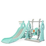 Гірка з гойдалкою Bambi WM19011-5 та баскетбольним кільцем | Гірка з гойдалкою Ведмедик музика та світло Сіро-м'ятна, фото 5