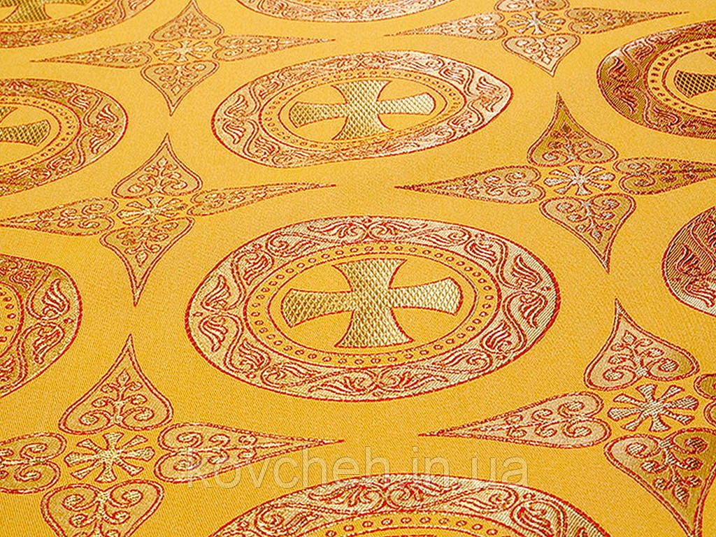 Шовкова церковна тканина Дамаск жовта з червоним  контуром