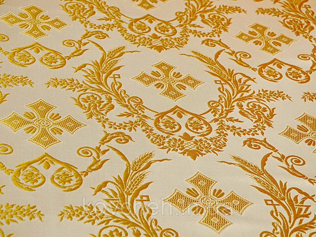 Шовкова церковна тканина Колоссия біла шовк з золотом