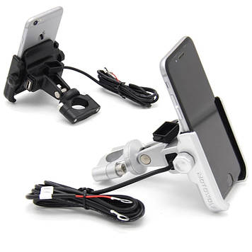 Кріплення для телефону на кермо мотоцикла з USB гніздом зарядки Motowolf 2805С. Silver.