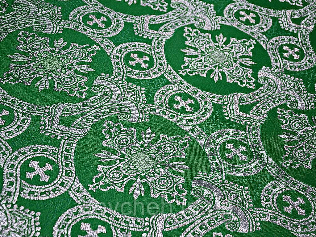 Шовкова церковна тканина Корона зелена люрекс з сріблом