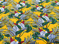 Ткань плотный штапель (поплин) темно-желтого цвета "Гавайский орнамент"