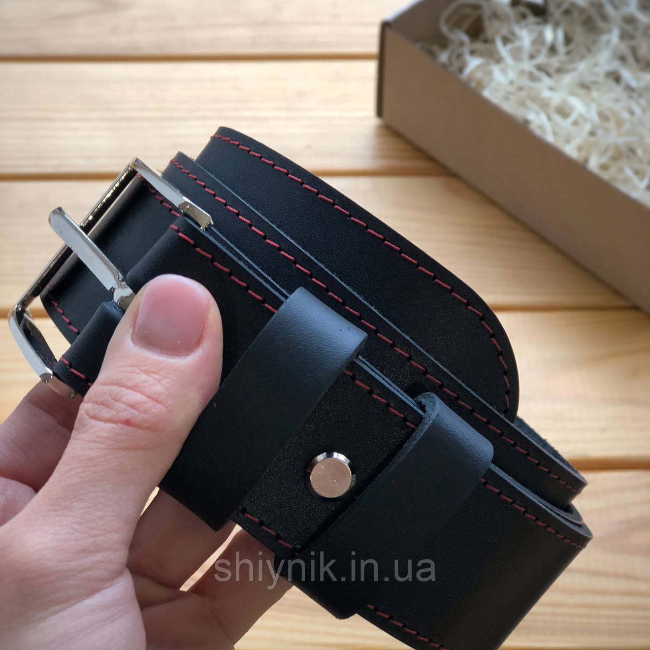 Шкіряний ремінь прошитий 3,8 см чорний