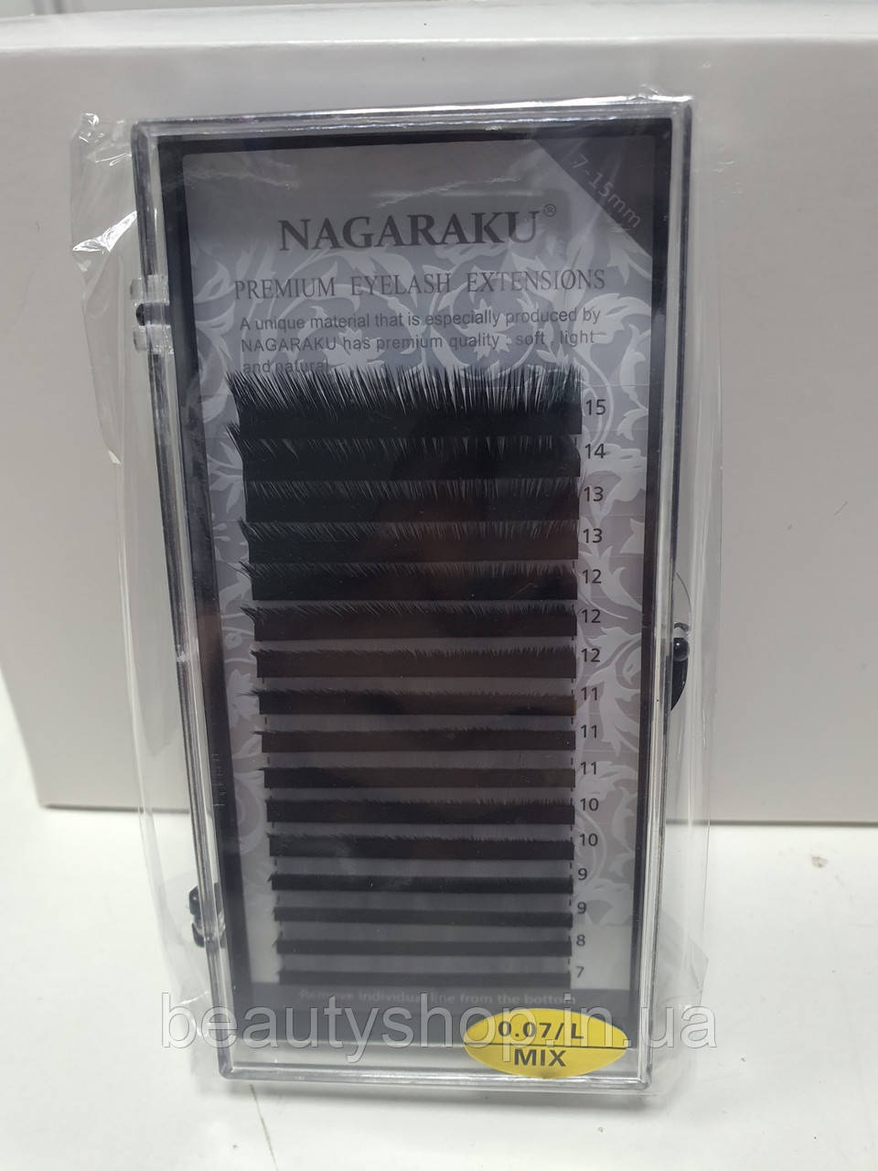 Вії Nagaraku вигин L на стрічці для нарощування, чорні, мікс, 20 ліній