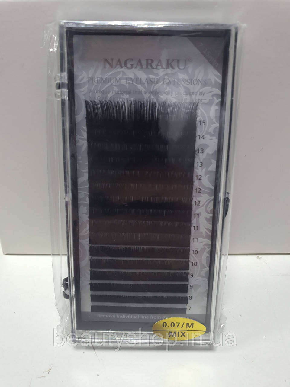 Вії Nagaraku (Нагараку) на стрічці для нарощування, чорні, вигин M(N), мікс 20 ліній