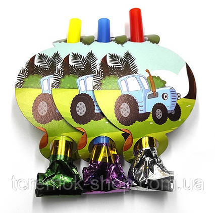 Язички гудки дитячі для свята Синій трактор пластикові упаковка 6 штук