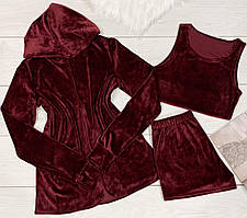 Жіночий плюшевий комплект накидка + топ + шорти у вишневому кольорі.