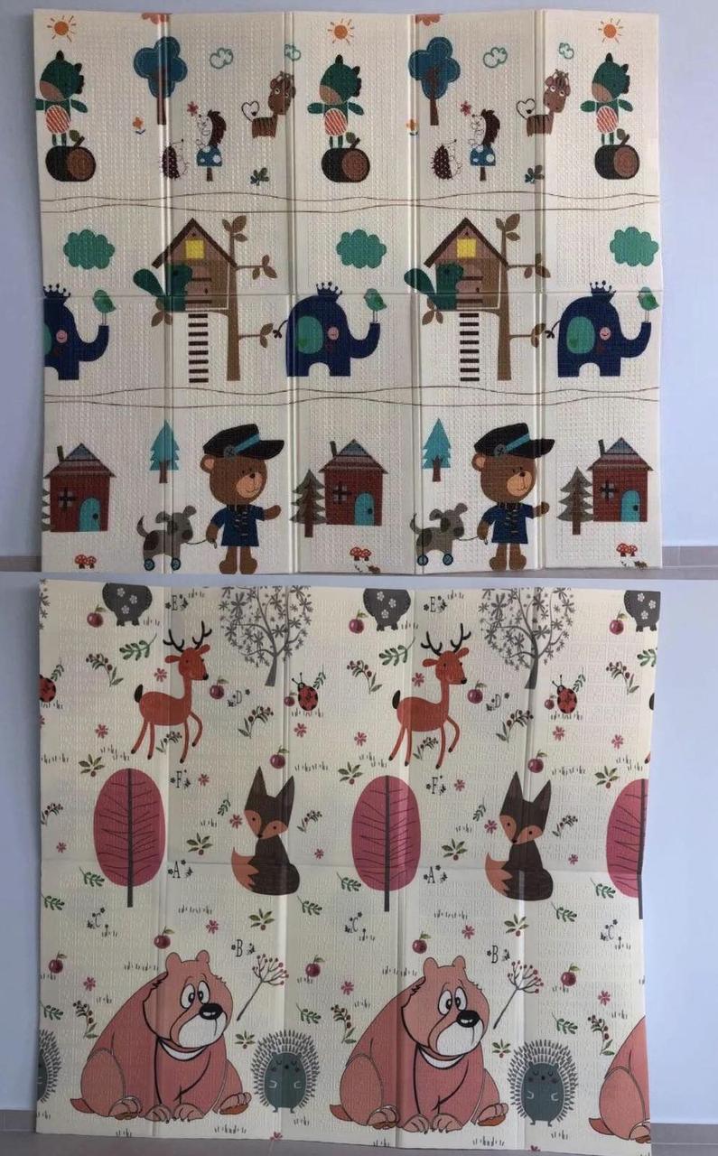 Дитячий двосторонній складаний термокилимок "Ведмідь " і "Хатинки", 180х200x1 см