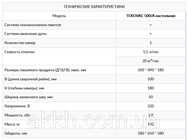 фото технических характеристик Вакууматор однокамерный настольный Tekovac 500/A