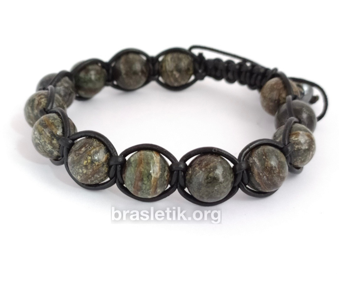 Браслет із натуральним каменем Змійовик 8 мм у круглій шкірі, фото 1