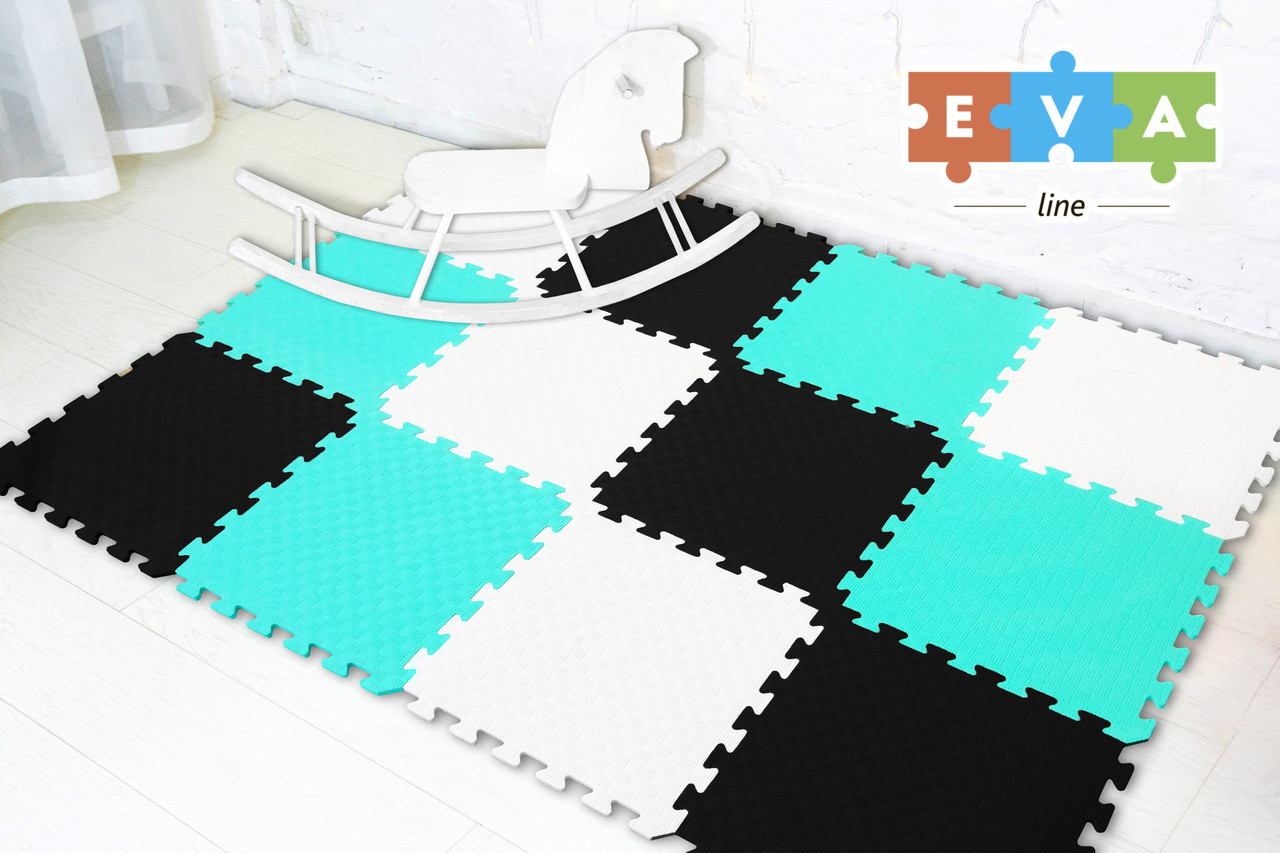 М'який підлога килимок-пазл "Веселка" Eva-Line 200*150*1 см Чорний/Білий/Блакитний